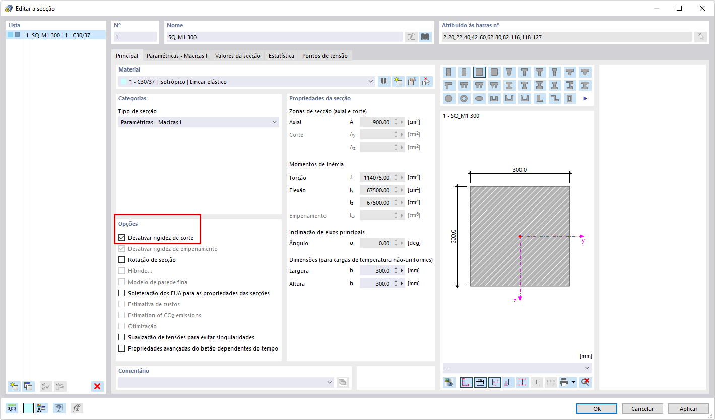 FAQ 005073 | Como é que posso desativar a consideração da rigidez ao corte para o cálculo de uma secção?