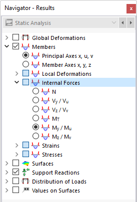 Seleção das forças internas da barra no navegador