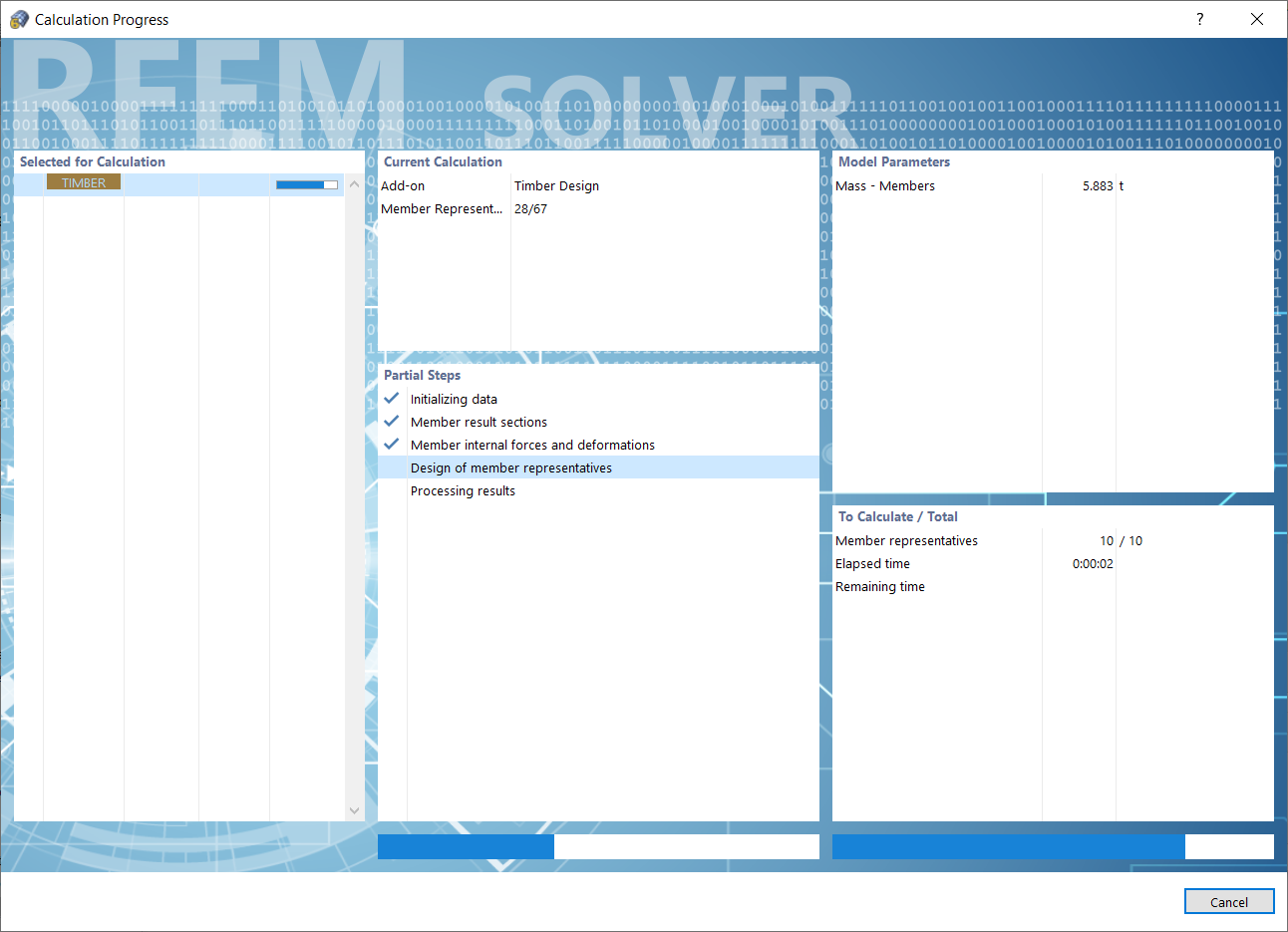 Diálogo "Progresso de cálculo" | Dimensionamento de madeira