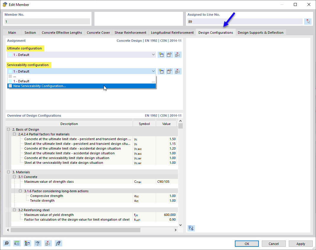 Atribuição de configurações de dimensionamento para estado limite último e de utilização à barra