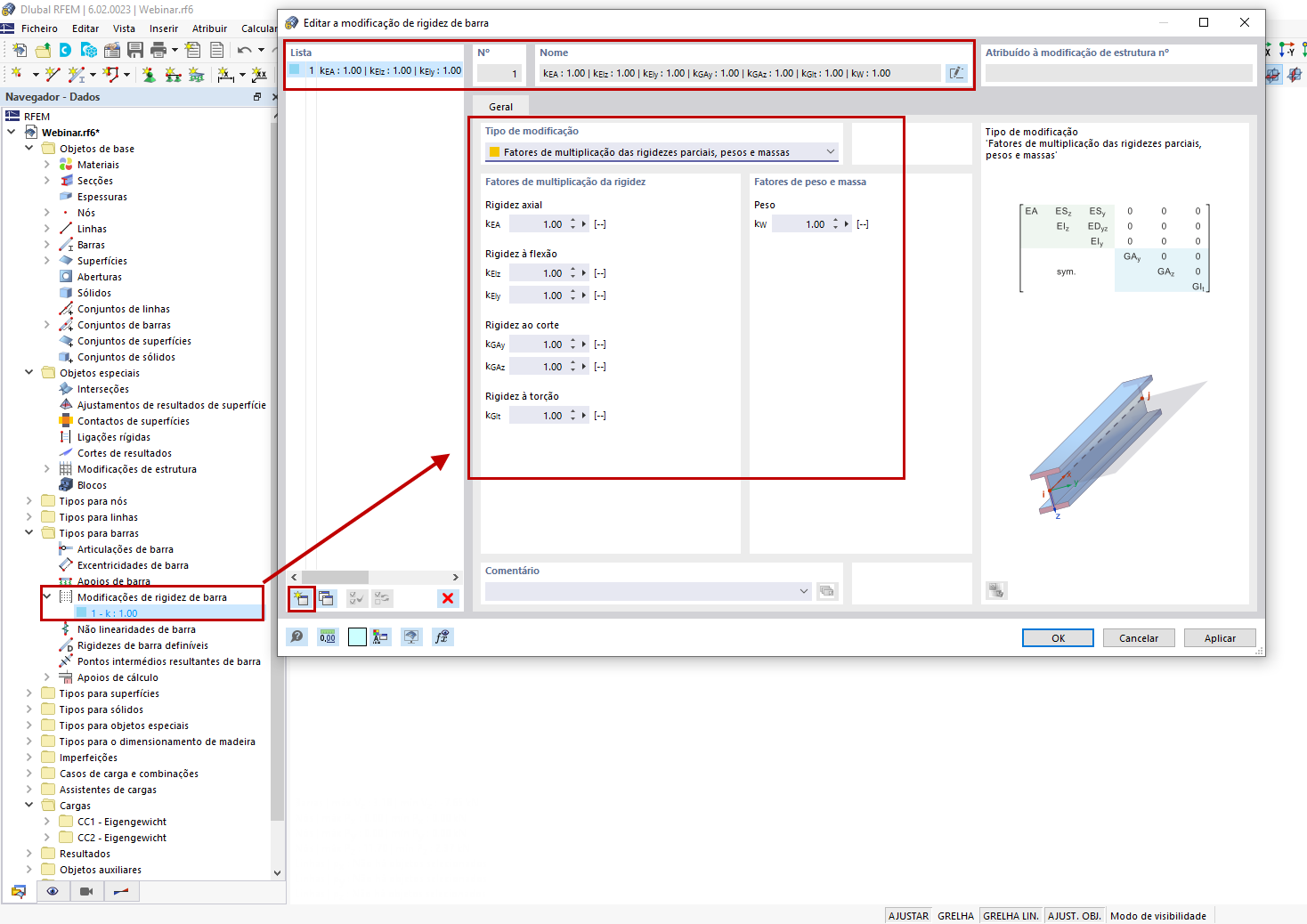 FAQ 005201 | Como é que posso modificar a rigidez de determinadas barras utilizando um fator no RFEM 6 e no RSTAB 9?