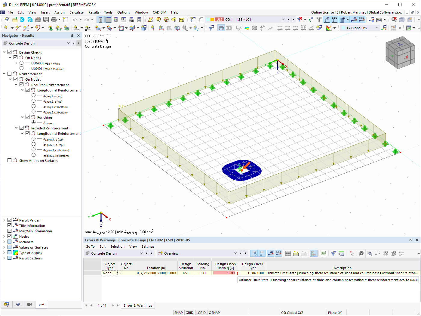 FAQ 005215 | O RFEM 6 refere que a verificação da resistência ao punçoamento de uma laje sem armadura de corte não é cumprida. O programa pode verificar esta armadura?