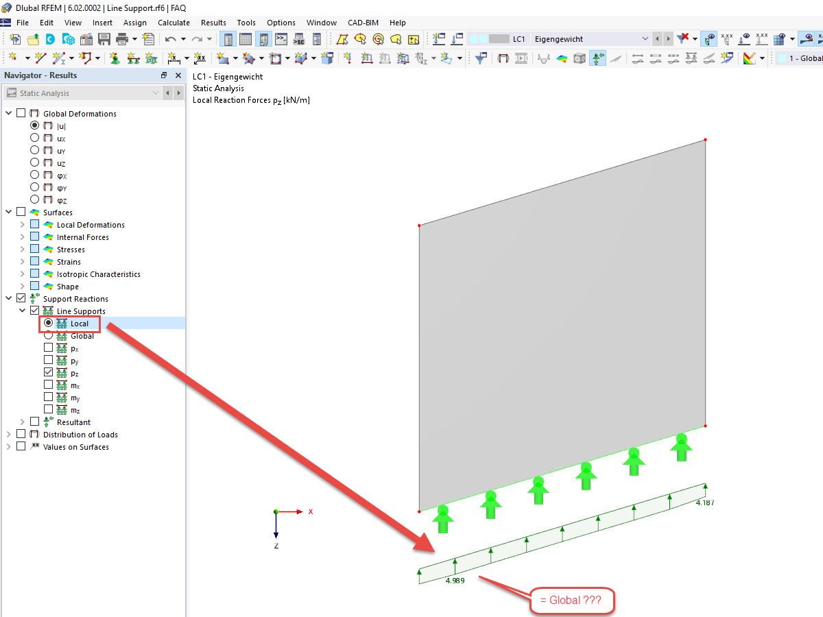 FAQ 005221 | Não obtenho reações de apoio locais nos apoios de linha no RFEM 6. Como é que devo proceder para obtê-las?