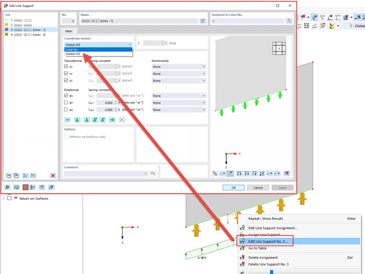 FAQ 005221 | Não obtenho reações de apoio locais nos apoios de linha no RFEM 6. Como é que devo proceder para obtê-las?