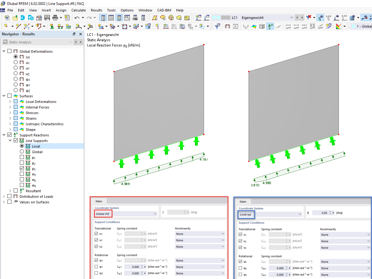 FAQ 005221 | Não obtenho reações de apoio locais nos apoios de linha no RFEM 6. Como devo proceder para recebê-los?