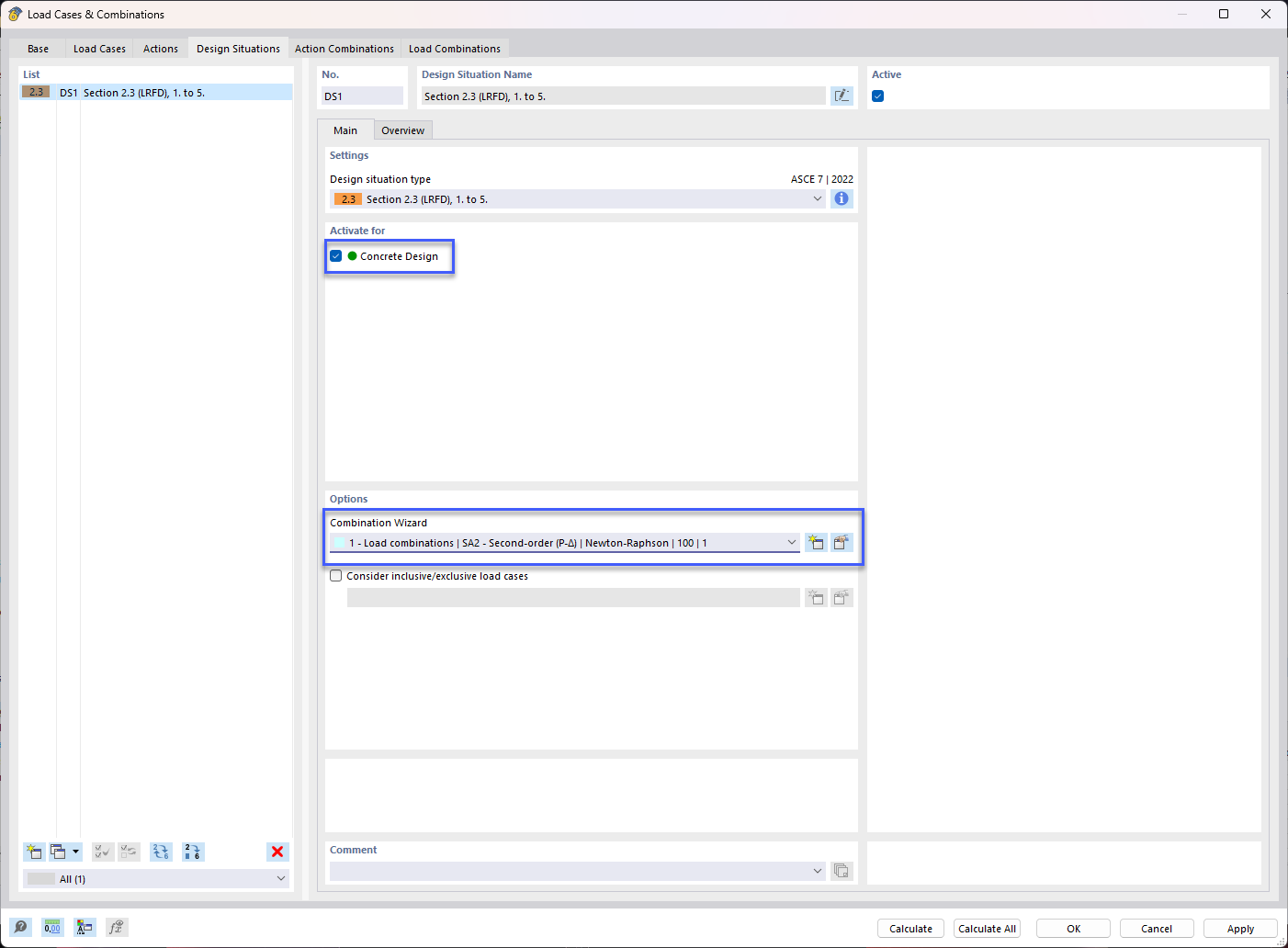 DS1 com configuração para o dimensionamento de betão