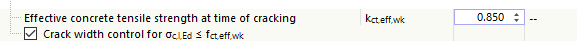 Especifique a resistência à tração efetiva do betão para o cálculo da largura de fendas