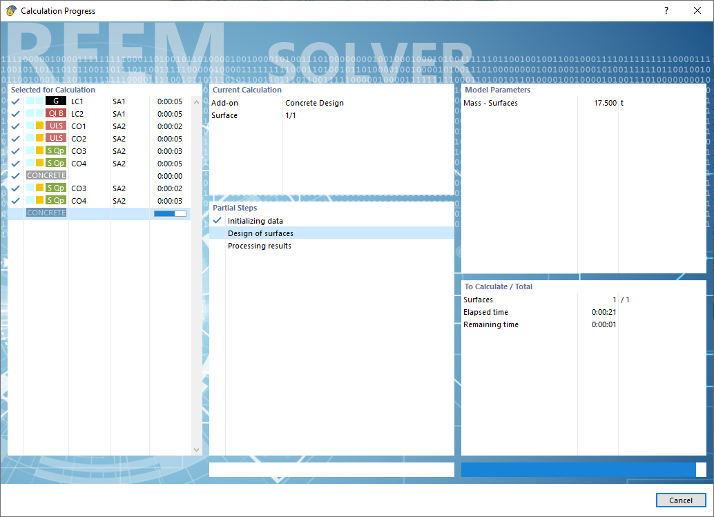 Progresso de cálculo para o módulo de dimensionamento de betão