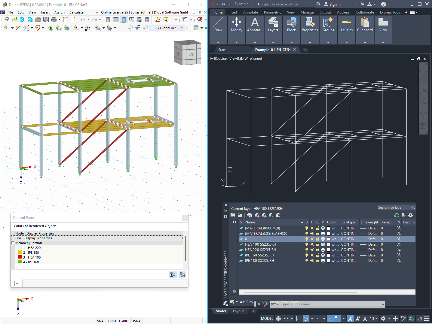 Transferência de secções do RFEM (esquerda) para camadas separadas no Autodesk AutoCAD (direita)