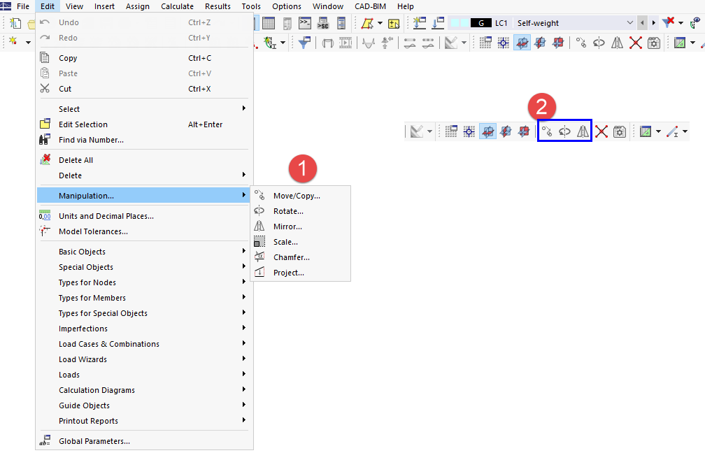 Ferramentas de modelação no menu "Editar" e botões na barra de ferramentas