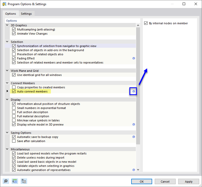 Diálogo "Opções e configurações do programa"