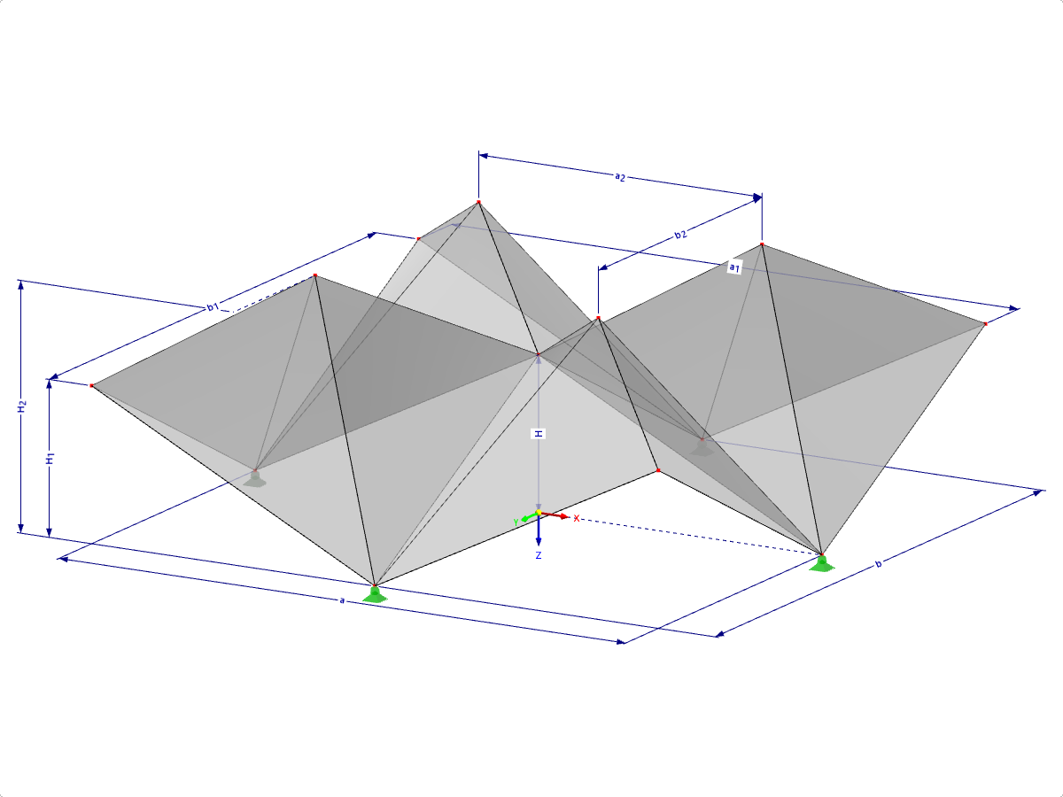 Modelo 000512 | FPC010 | Sistemas de estruturas dobradas prismáticas. Superfícies com dobra cruzada geradas diagonalmente sobre uma planta baixa retangular, cumes dobradas para cima com parâmetros