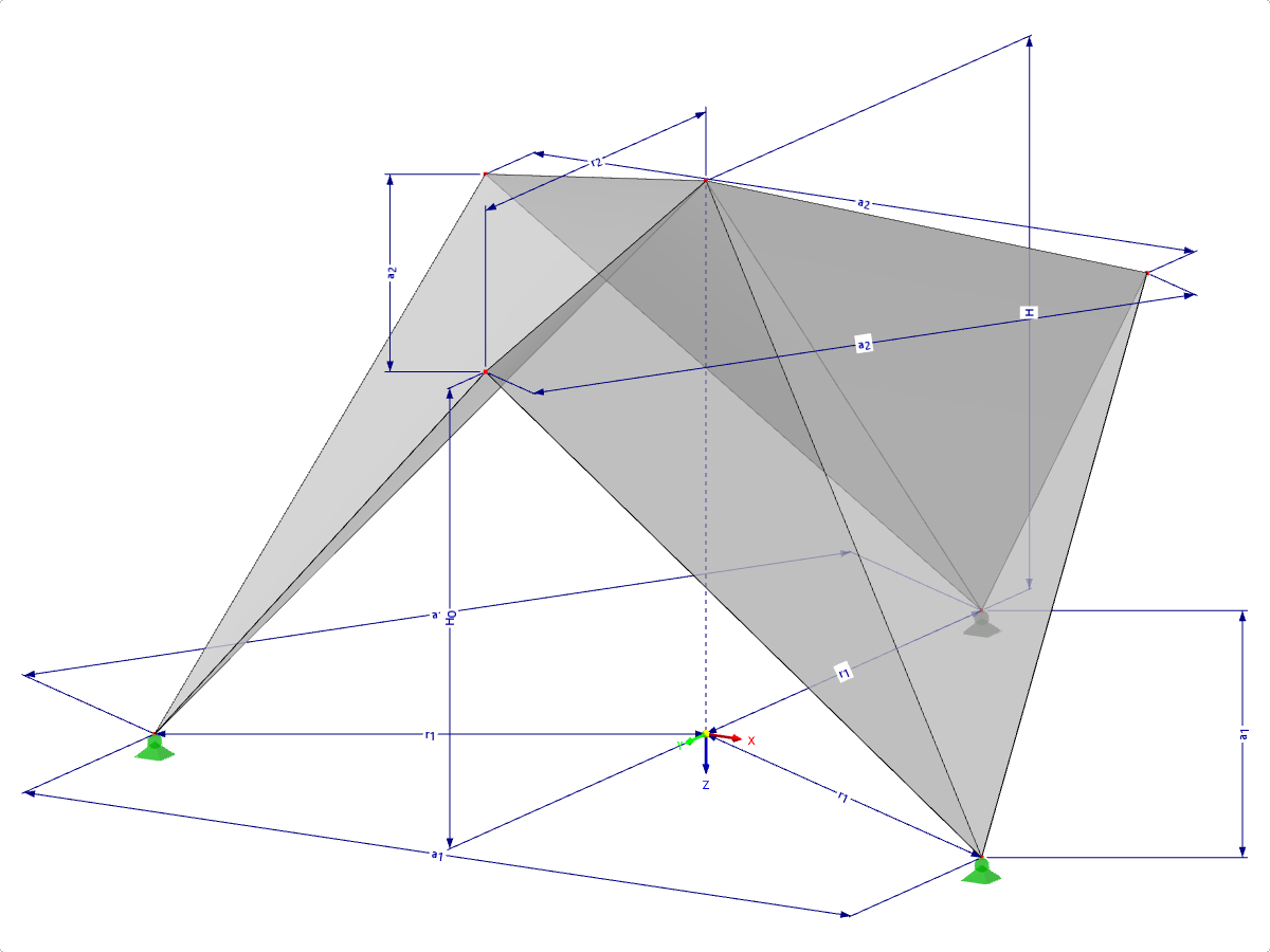 Modelo 000516 | FPC005-b | Sistemas de estruturas dobradas prismáticas. Superfícies dobradas individualmente sobre uma planta baixa triangular, cumes no centro com parâmetros