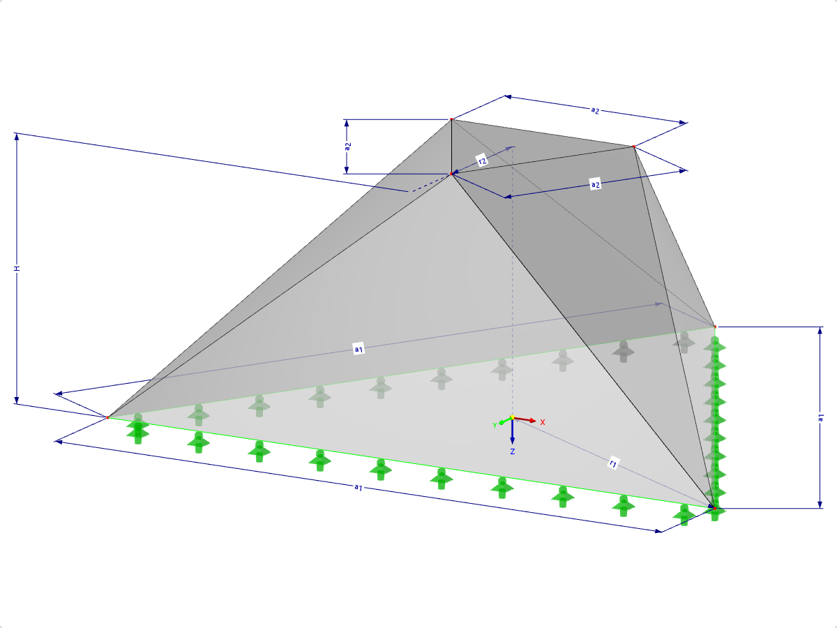 Modelo 000517 | FPC020-b (Variante mais geral de 034-FPC020-a) | Sistemas de estruturas piramidais dobradas. Superfícies triangulares dobradas. Planta baixa triangular com parâmetros