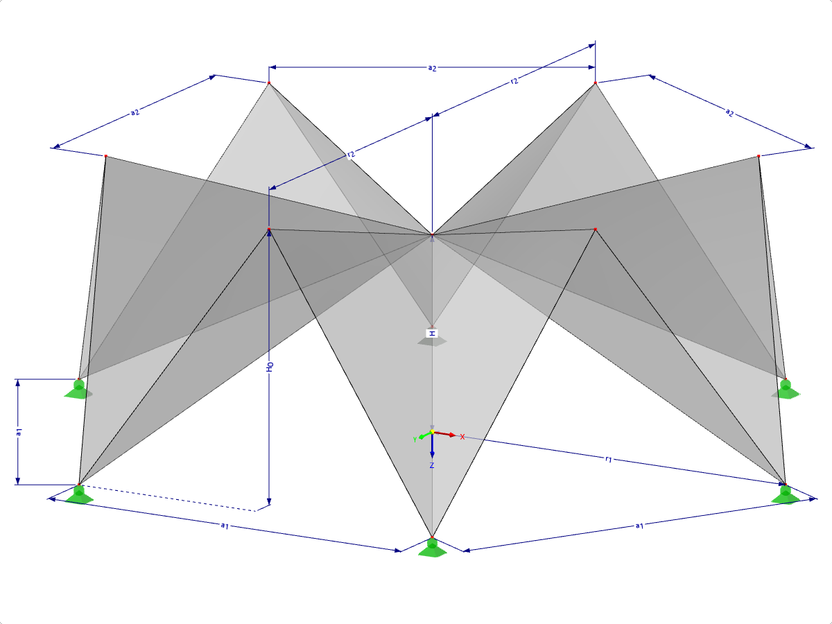 Modelo 000523 | FPC008-b | Sistemas de estruturas dobradas prismáticas. Superfícies dobradas individualmente sobre uma planta baixa poligonal, cumes no centro com parâmetros