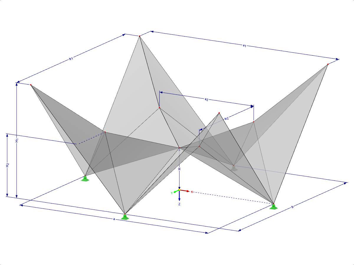 Modelo 000531 | FPC012 | Sistemas de estruturas dobradas prismáticas. Superfícies com dobras cruzadas geradas diagonalmente sobre uma planta baixa retangular, cumeeiras inclinadas no centro com parâmetros