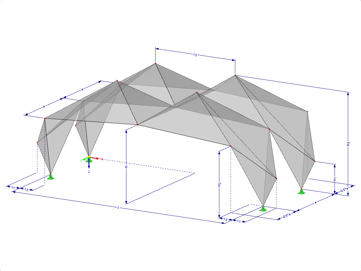 Modelo 000546 | FPL122 | Sistemas de estruturas dobradas prismáticas. Sistema estrutural linear composto por superfícies dobradas. Pórtico triarticulado: Dobragem de cumeeira com parâmetros