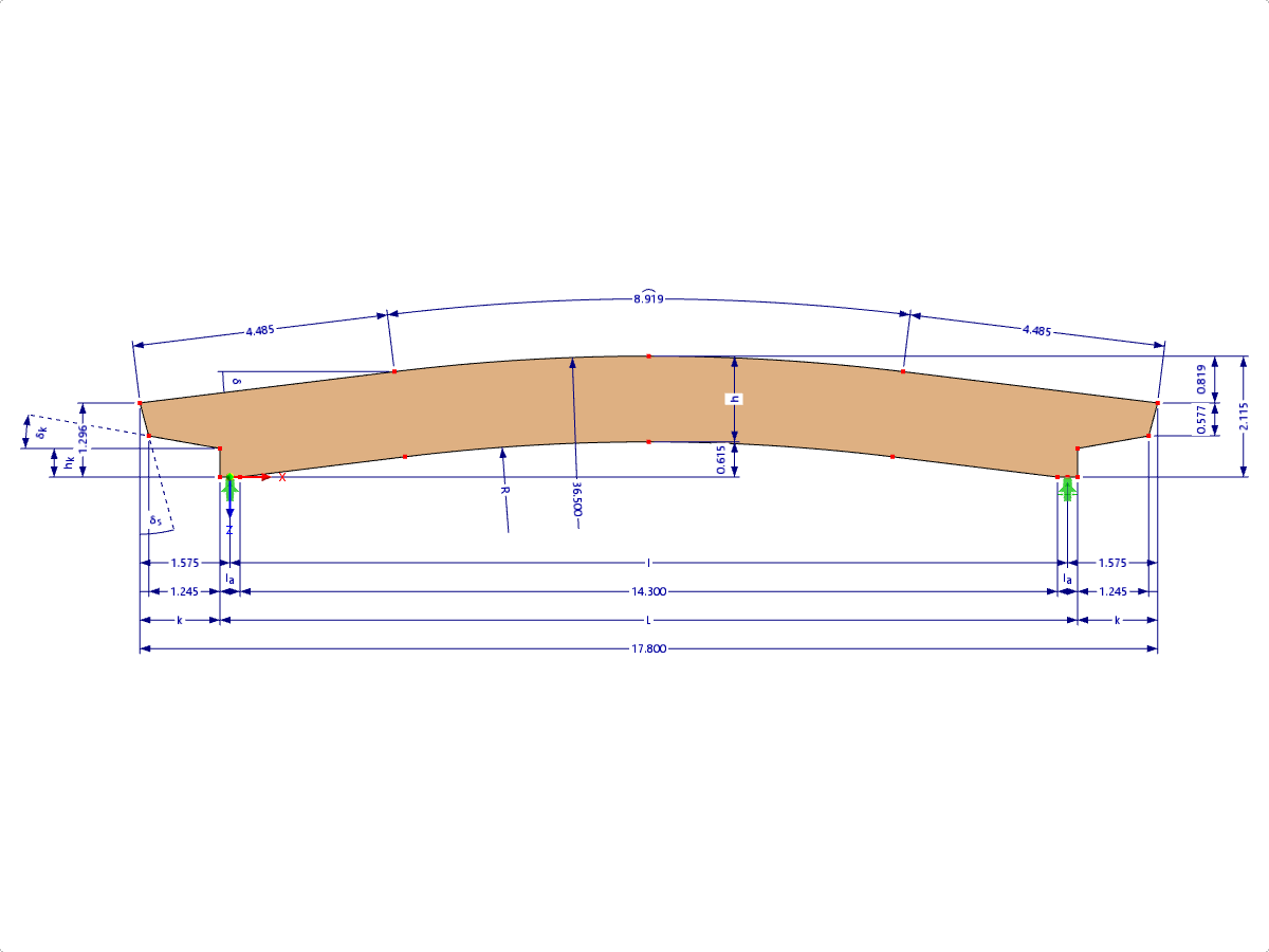 Modelo 000574 | GLB0405 | Viga de madeira laminada colada | Curvado | Altura constante | Simétrico | Consolas de secção variável com parâmetros