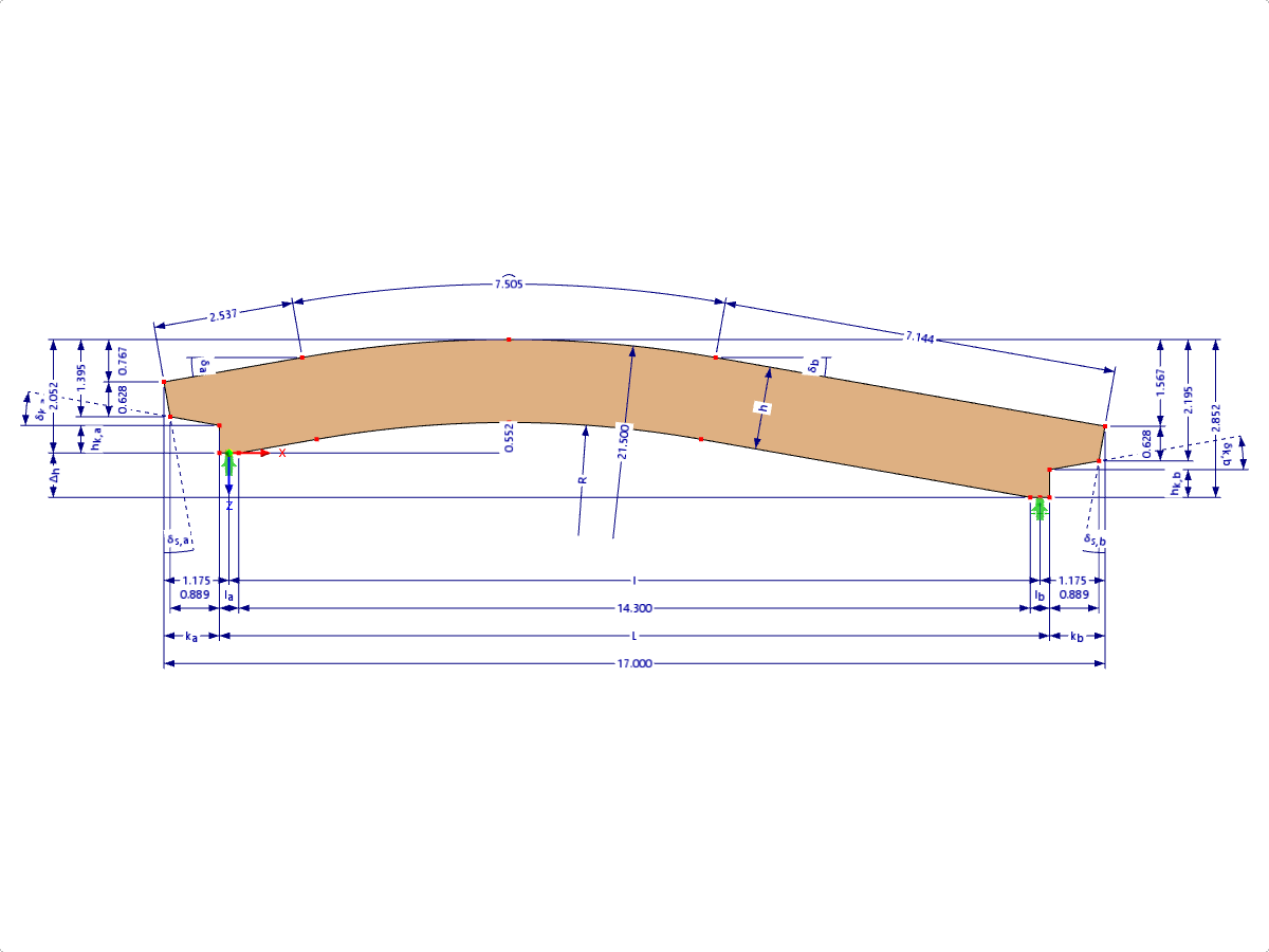 Modelo 000579 | GLB0410 | Viga de madeira laminada colada | Curvado | Altura constante | Assimétrico | Consolas de secção variável com parâmetros