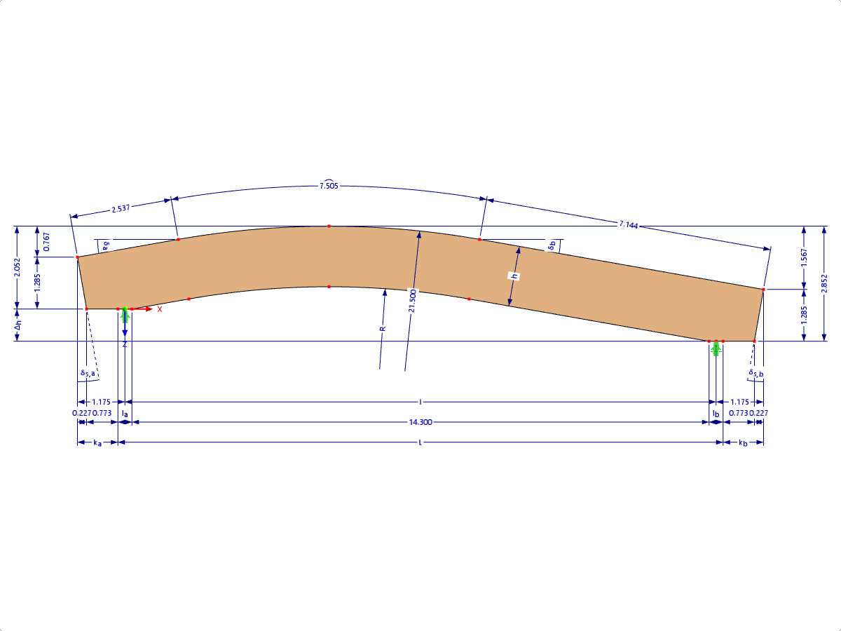 Modelo 000580 | GLB0407 | Viga de madeira laminada colada | Curvado | Altura constante | Assimétrico | Consolas horizontais com parâmetros