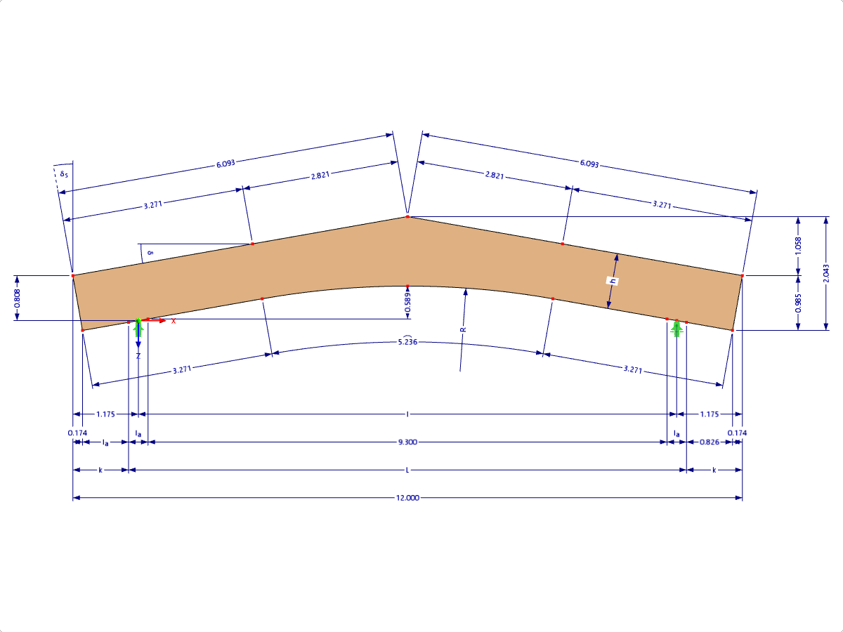 Modelo 000588 | GLB0503 | Viga de madeira laminada colada | Com inclinação | Altura constante | Simétrico | Consolas paralelas | Sem cumeeira solta Cunha com parâmetros