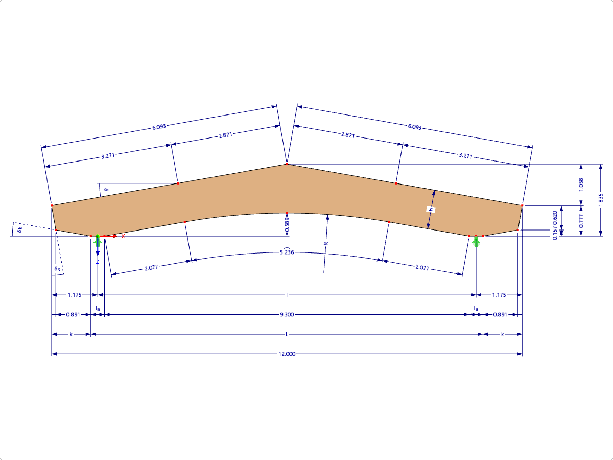 Modelo 000590 | GLB0504 | Viga de madeira laminada colada | Com inclinação | Altura constante | Simétrico | Consolas cónicas | Sem cumeeira solta Cunha com parâmetros