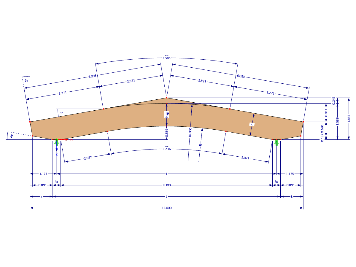 Modelo 000591 | GLB0514 | Viga de madeira laminada colada | Com inclinação | Altura constante | Simétrico | Consolas cónicas | Com cumeeira solta Cunha com parâmetros