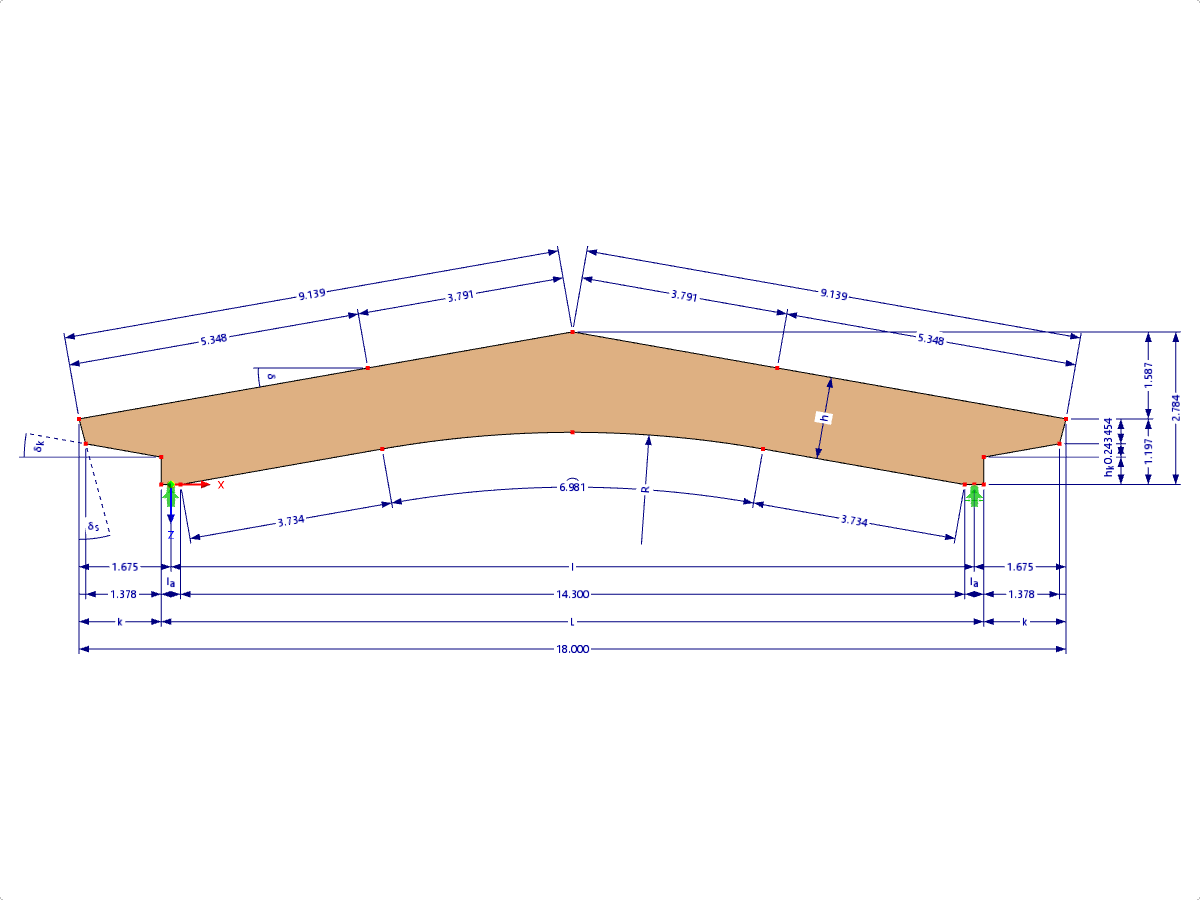 Modelo 000592 | GLB0505 | Viga de madeira laminada colada | Com inclinação | Altura constante | Simétrico | consolas de secção variável | Sem cumeeira solta Cunha com parâmetros