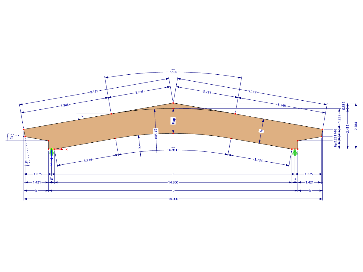 Modelo 000593 | GLB0515 | Viga de madeira laminada colada | Com inclinação | Altura constante | Simétrico | consolas de secção variável | Com cumeeira solta Cunha com parâmetros