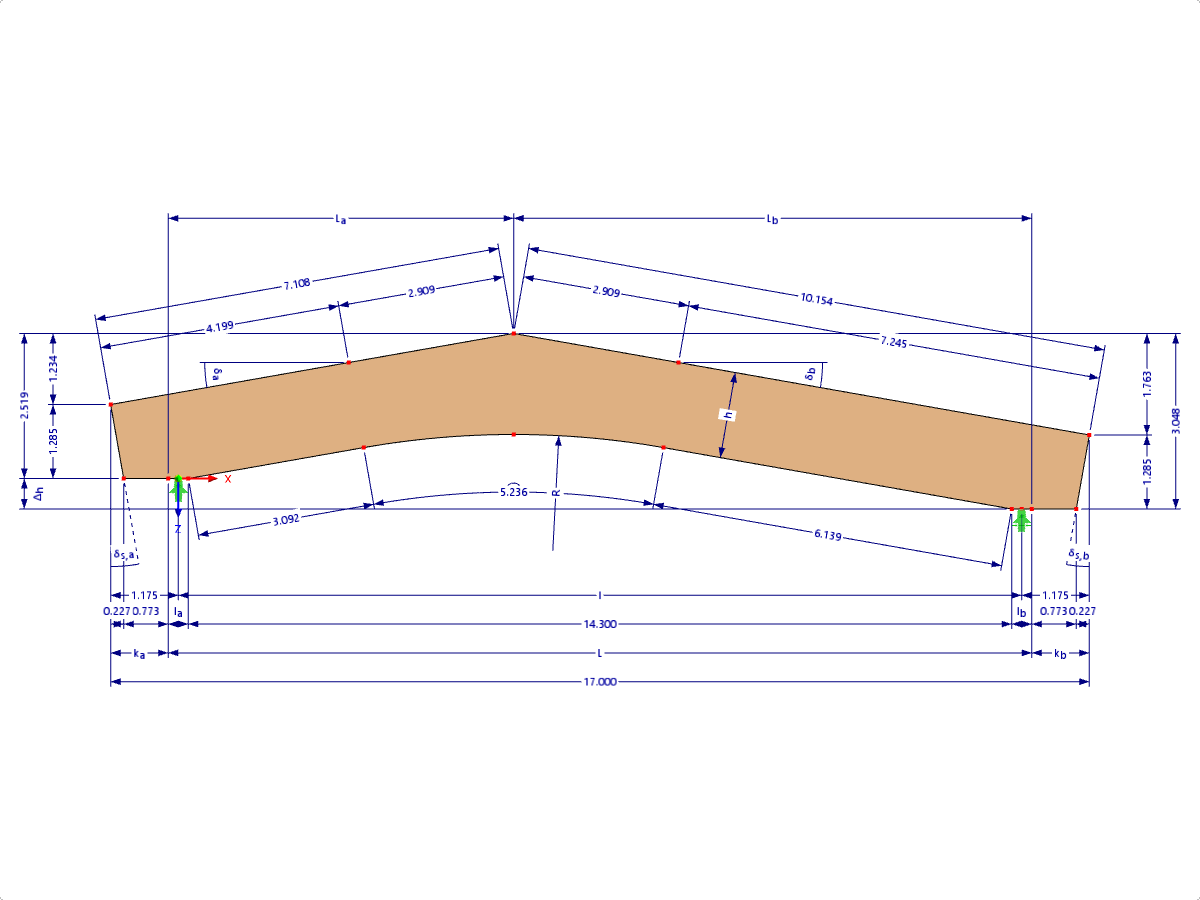 Modelo 000596 | GLB0507 | Viga de madeira laminada colada | Com inclinação | Altura constante | Assimétrico | Consolas horizontais | Sem cumeeira solta Cunha com parâmetros