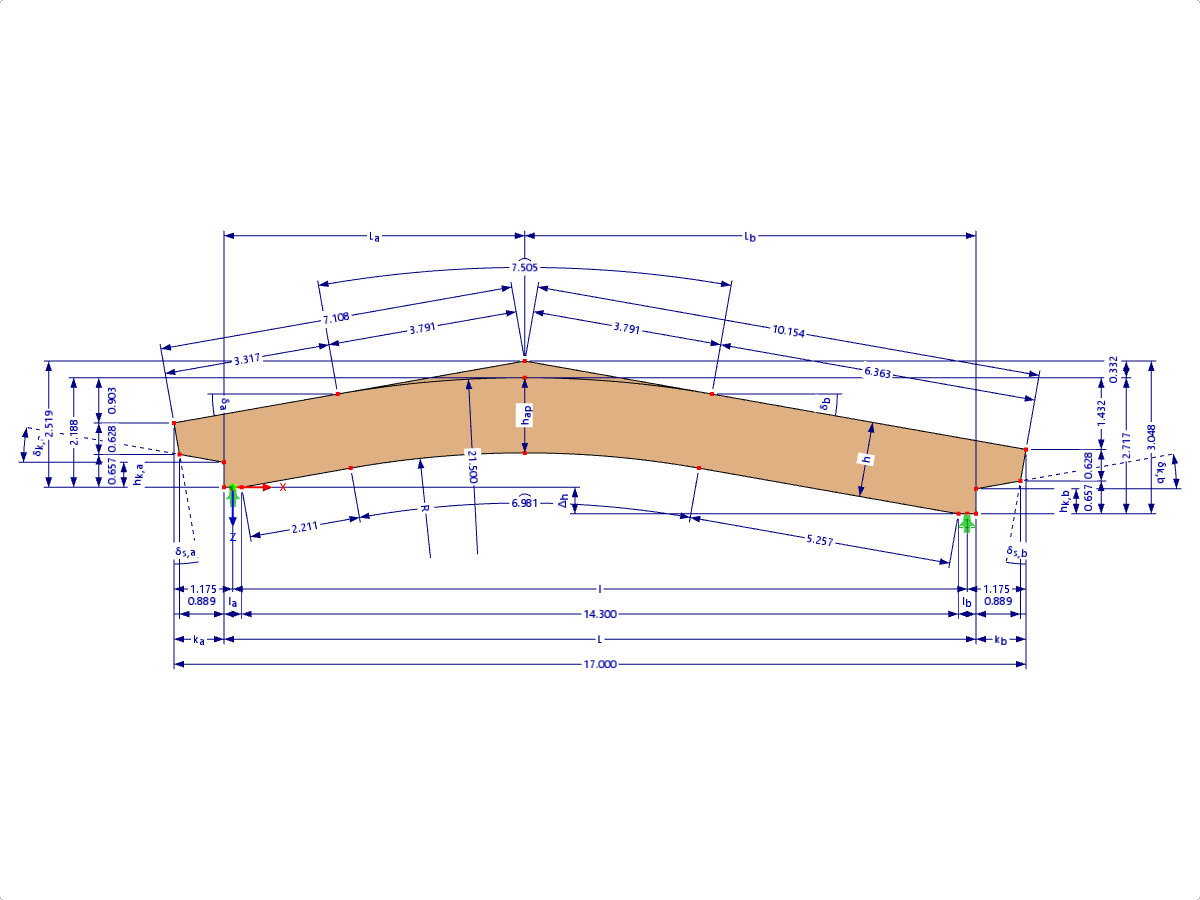 Modelo 000603 | GLB0520 | Viga de madeira laminada colada | Com inclinação | Altura constante | Assimétrico | consolas de secção variável | Com cumeeira solta Cunha com parâmetros