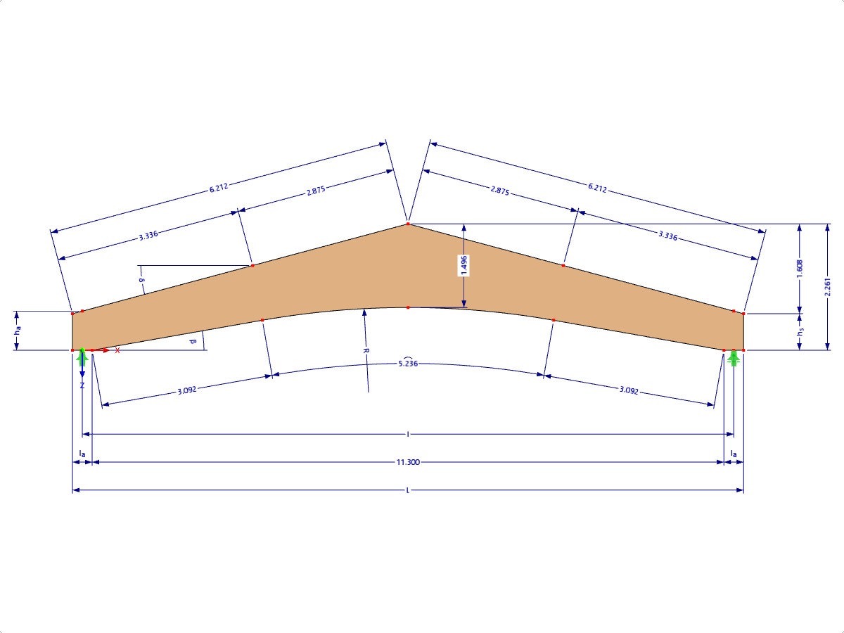 Modelo 000604 | GLB0601 | Viga de madeira laminada colada | Com inclinação | Altura da variável | Simétrico | Sem cumeeira solta Cunha com parâmetros