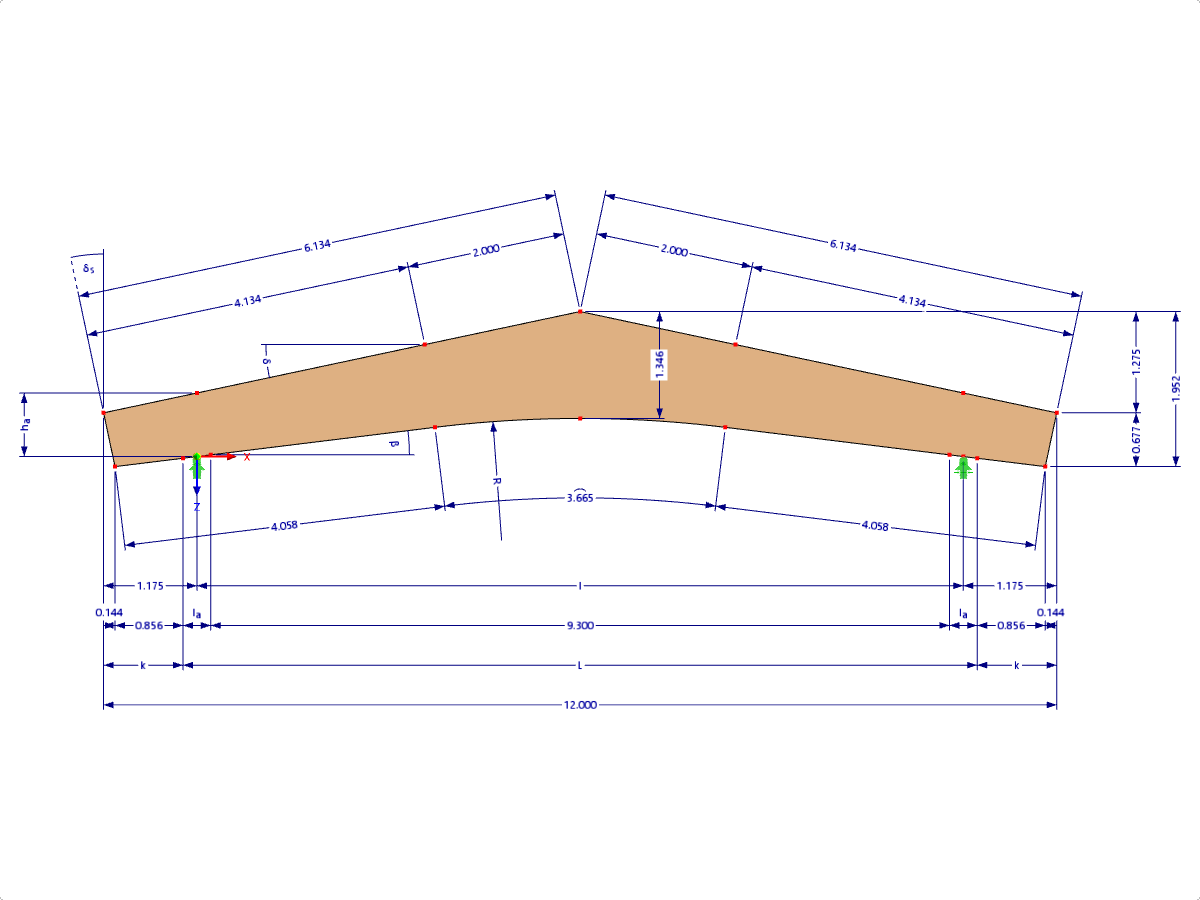 Modelo 000606 | GLB0603 | Viga de madeira laminada colada | Com inclinação | Altura da variável | Simétrico | Consolas paralelas | Sem cumeeira solta Cunha com parâmetros