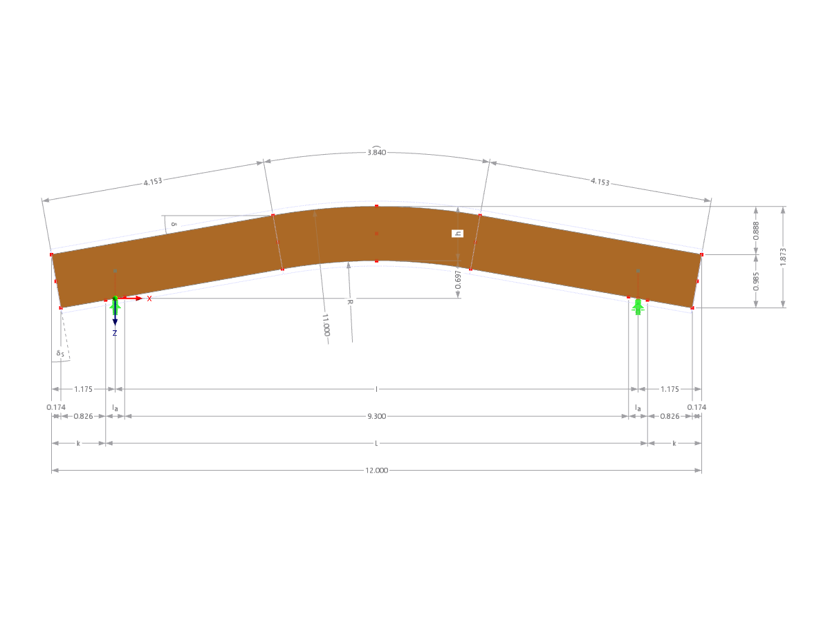 Modelo 003620 | GLB-MS403 | Viga de madeira laminada colada | Curvado | Altura constante | Simétrico | Consolas paralelas com parâmetros