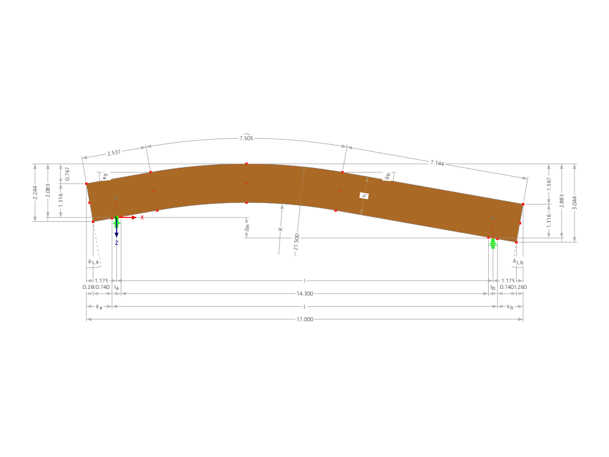 Modelo 003639 | GLB-MS408 | Viga de madeira laminada colada | Curvado | Altura constante | Assimétrico | Consolas paralelas com parâmetros