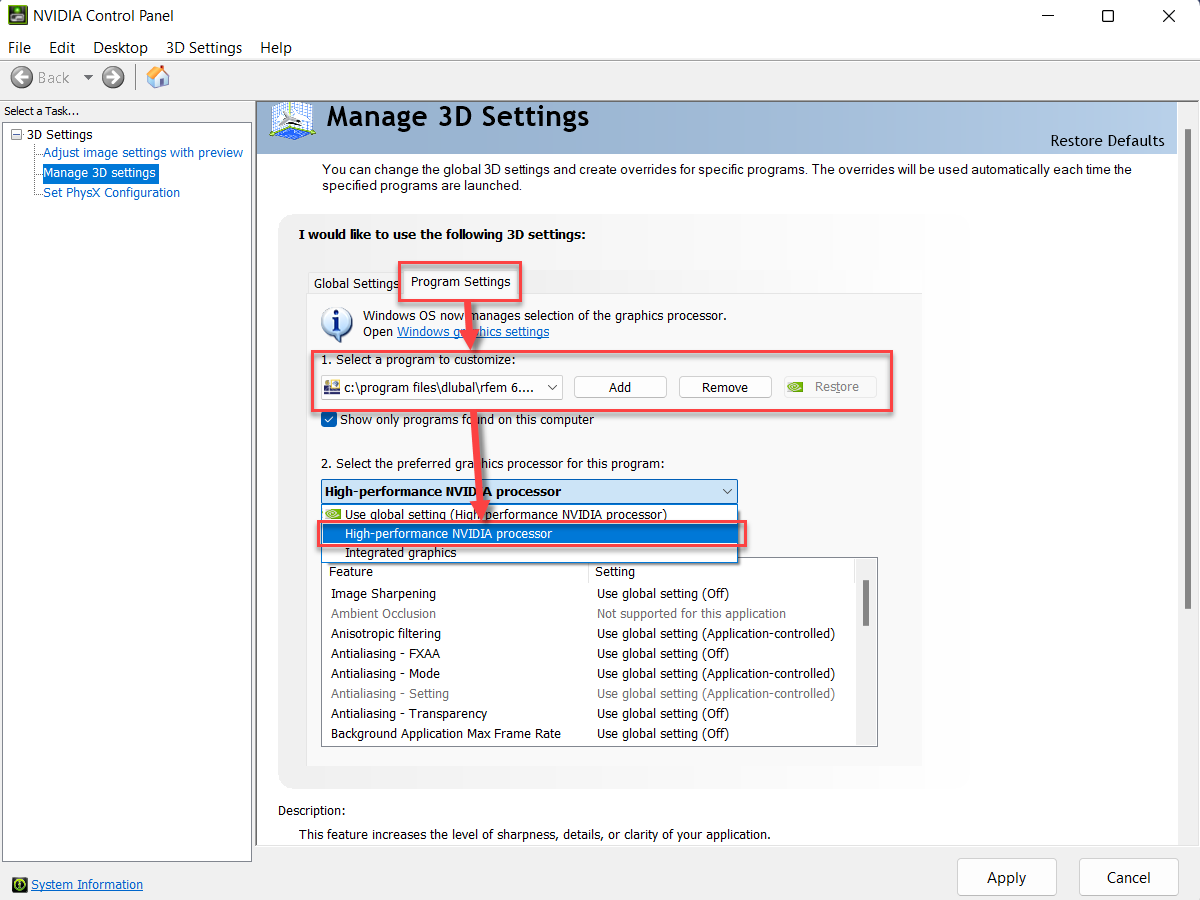 FAQ 005352 | Como é que posso ter a certeza de que o RFEM 6 e o RSTAB 9 estão a utilizar a placa gráfica dedicada do meu computador?