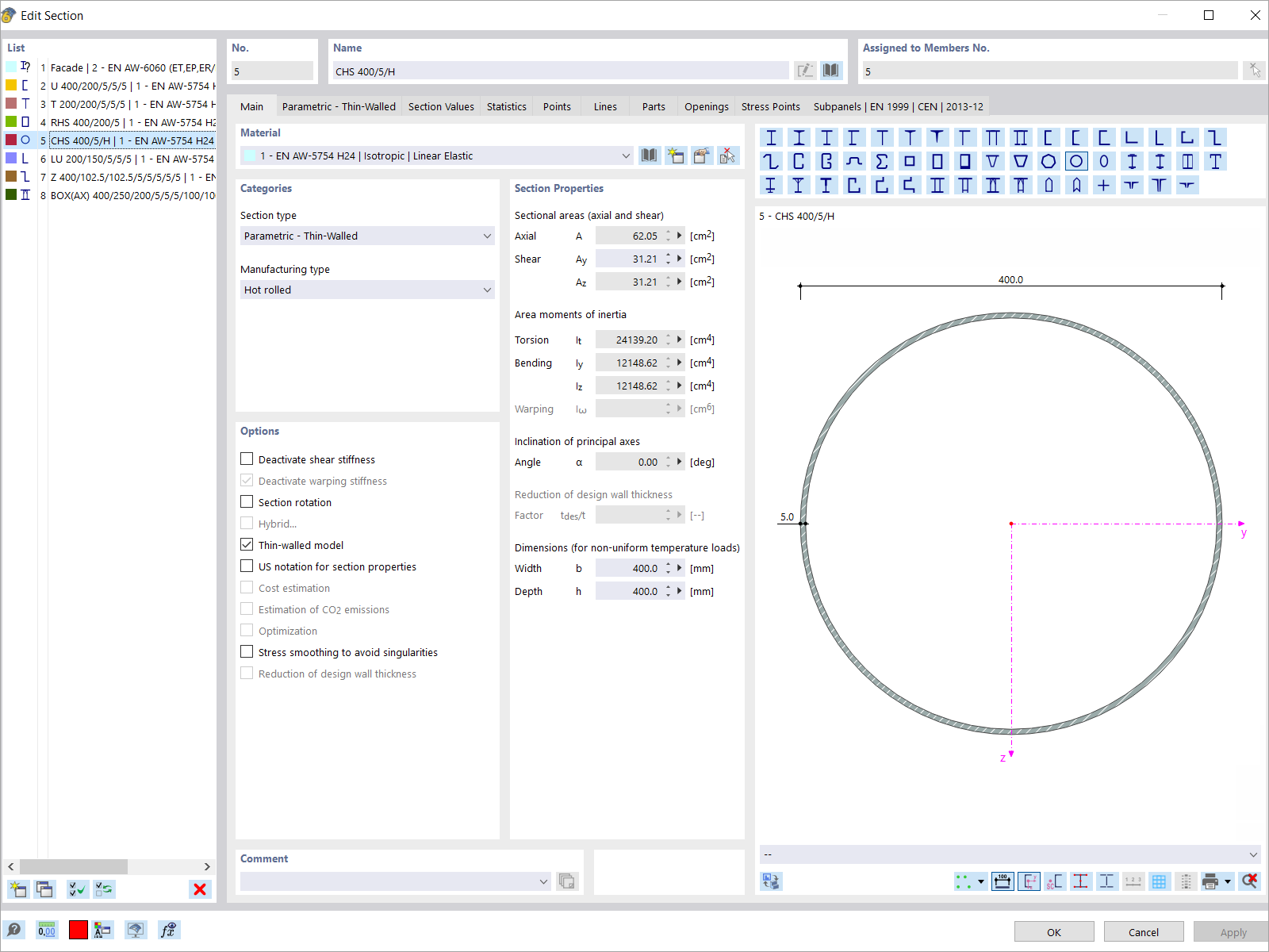 Exemplo de secção de alumínio no RFEM 6