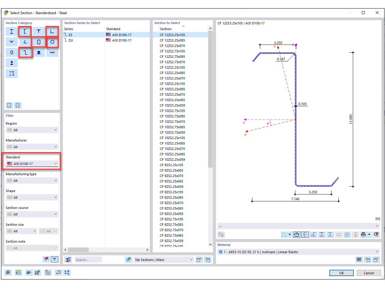 FAQ 005376 | Quais são as secções padronizadas válidas para o dimensionamento de aço formado a frio segundo a AISI no RFEM 6?