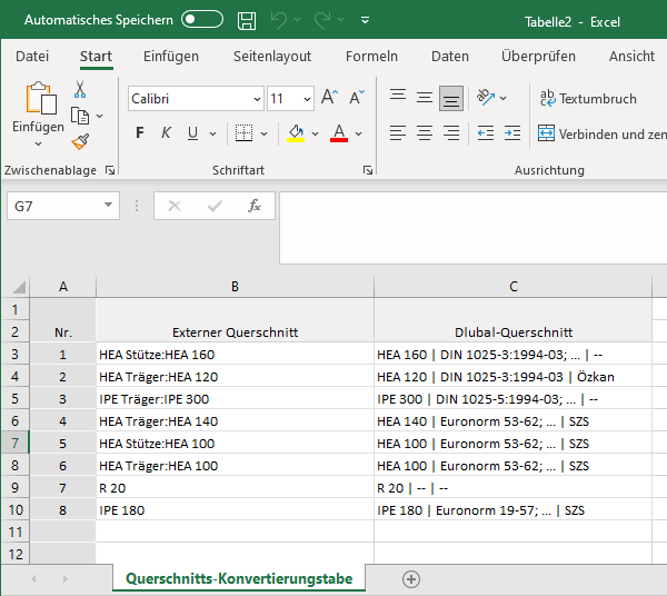 Tabela de conversão para exportação Excel