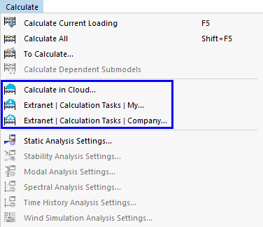 Menu "Calcular" para cálculos de nuvens