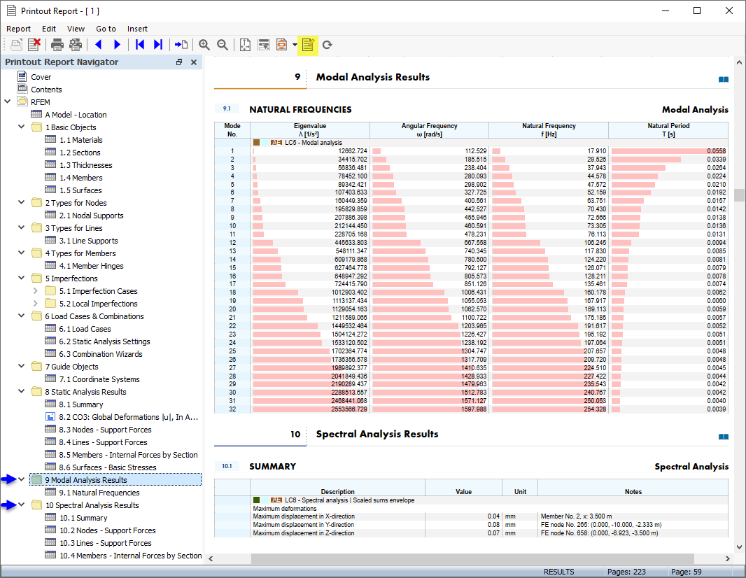 Resultados da análise modal e da análise espectral no relatório de impressão