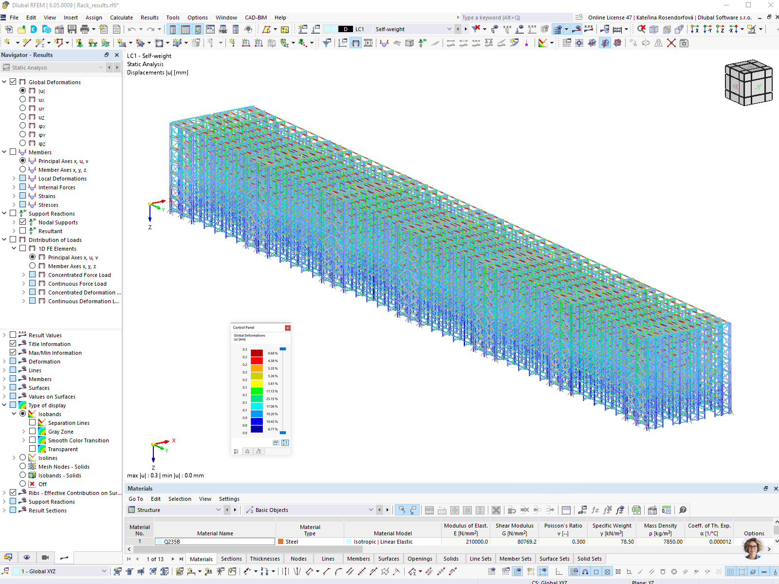 Modelo RFEM do armazém de prateleiras em altura com resultados de deformação