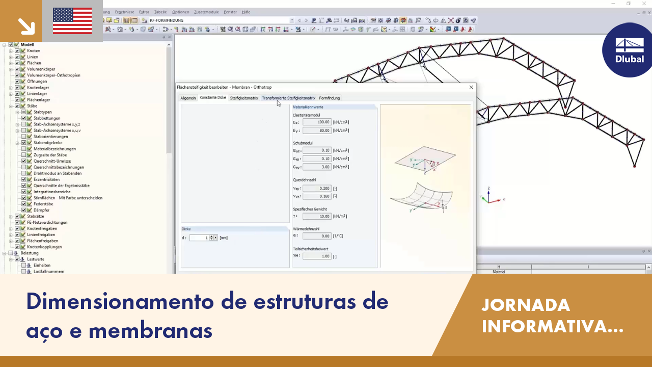 Programa de dimensionamento assistido por computador que exibe uma interface de dimensionamento de aço e membrana com várias barras de ferramentas e um modelo 3D.