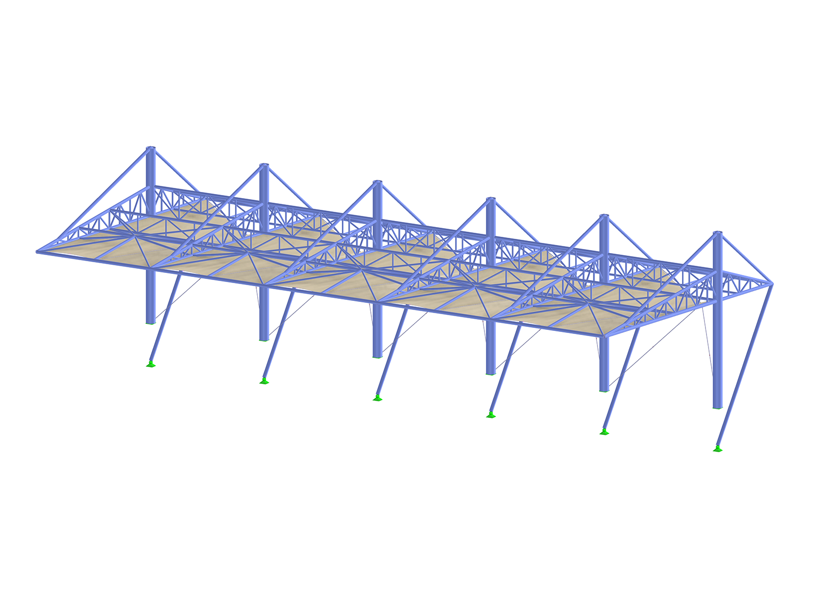 Modelo 3D de uma estrutura de cobertura de membrana suportada por vigas em aço. Esta cobertura destina-se a uma tribuna ou a uma zona de espectadores, proporcionando proteção e sombra. A estrutura é composta por treliças e vigas de aço azuis, originando uma série de formas triangulares e retangulares.