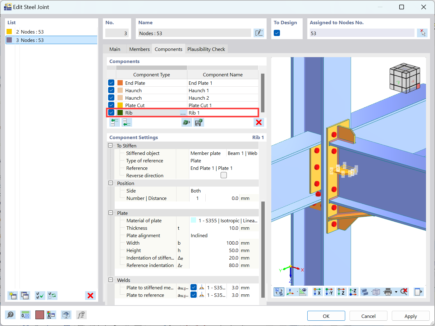 KB 001890 | Utilização do componente de nervura para modelar ligações de aço reforçadas