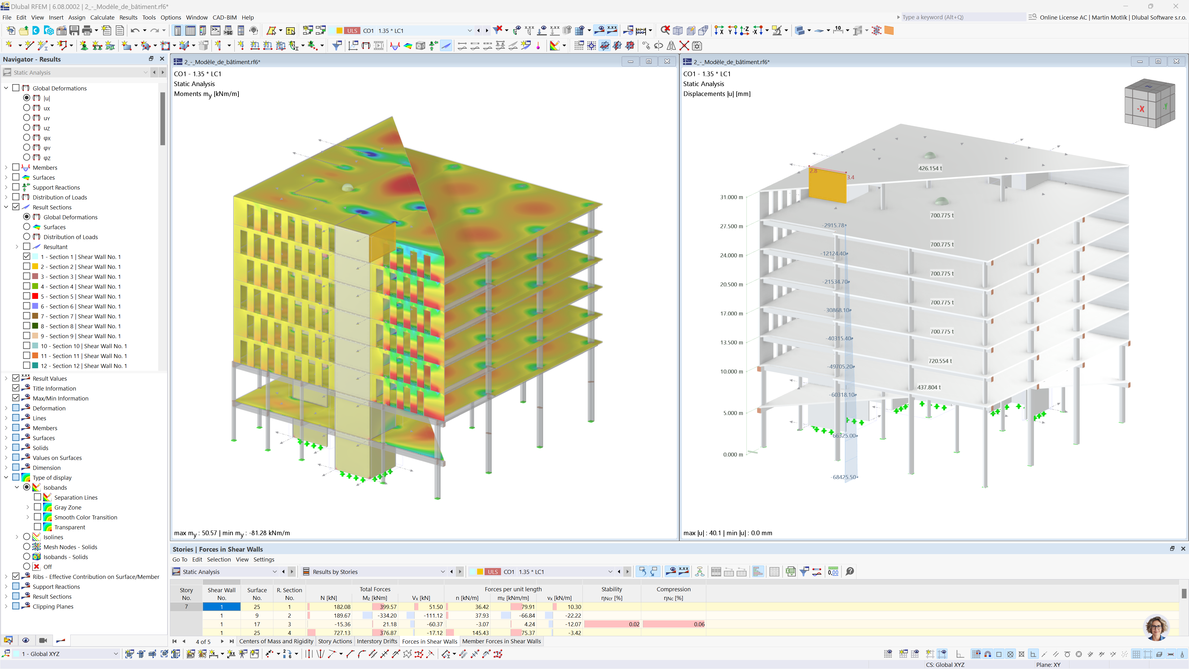 Modelo de estrutura de edifício de betão de vários andares mostrando resultados de força nas paredes de corte