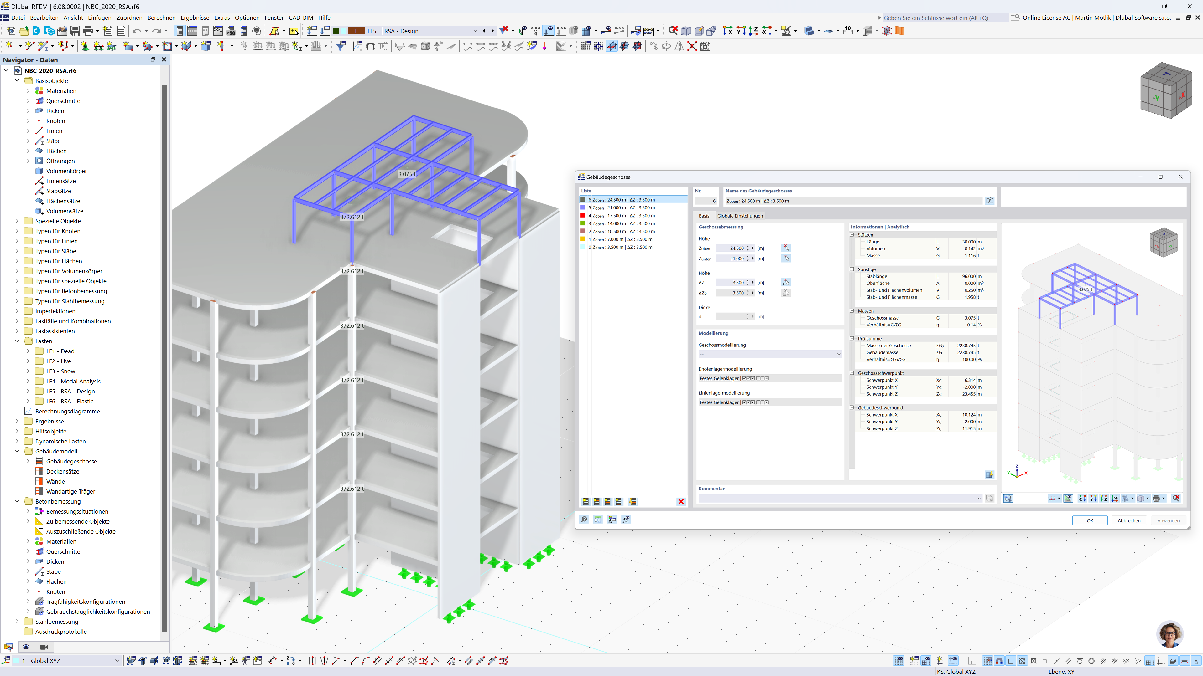 Interface de utilizador do RFEM 6 com modelo de edifício de betão