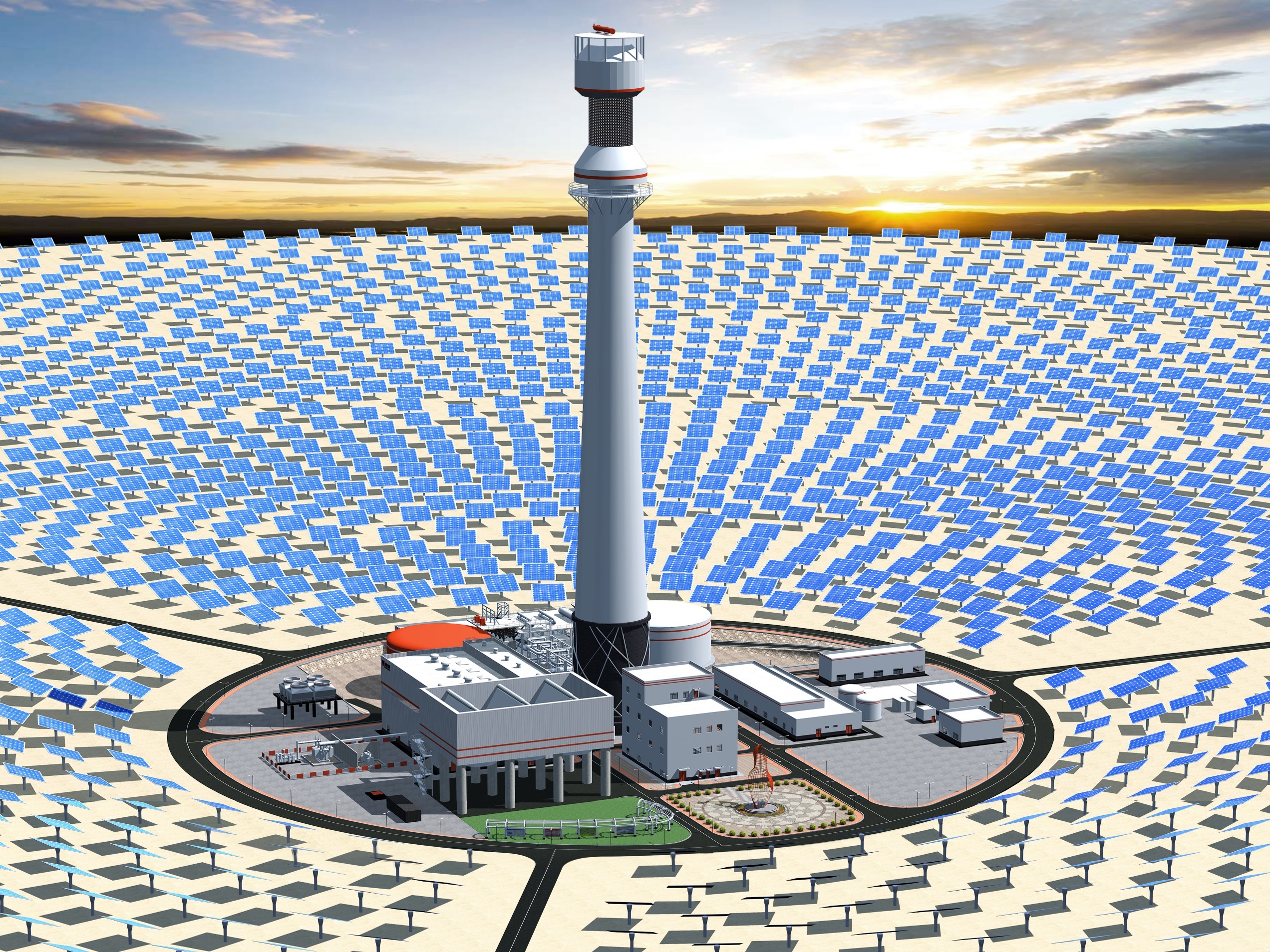 Visualização de uma central elétrica solar com análise técnica