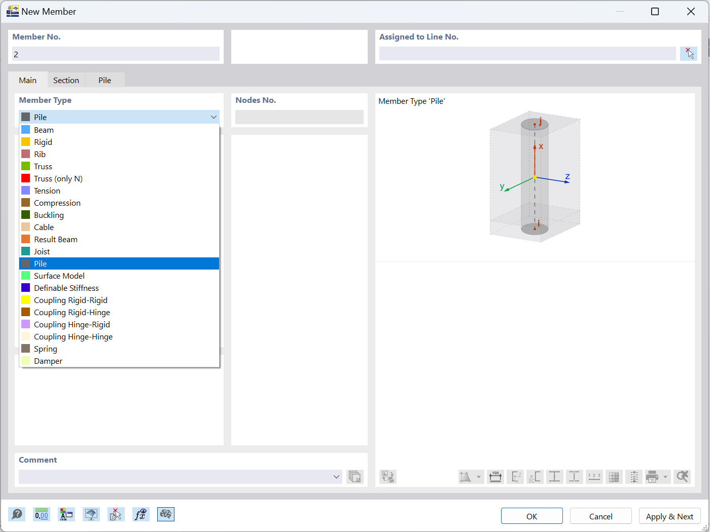 Interface mostrando seleção do tipo de membro de estaca em software de engenharia