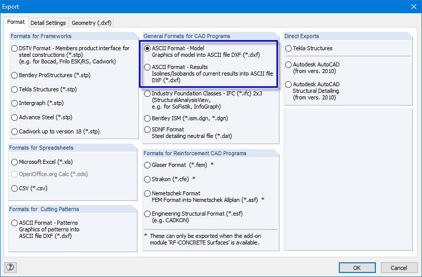 Экспорт DXF из RFEM в AutoCAD